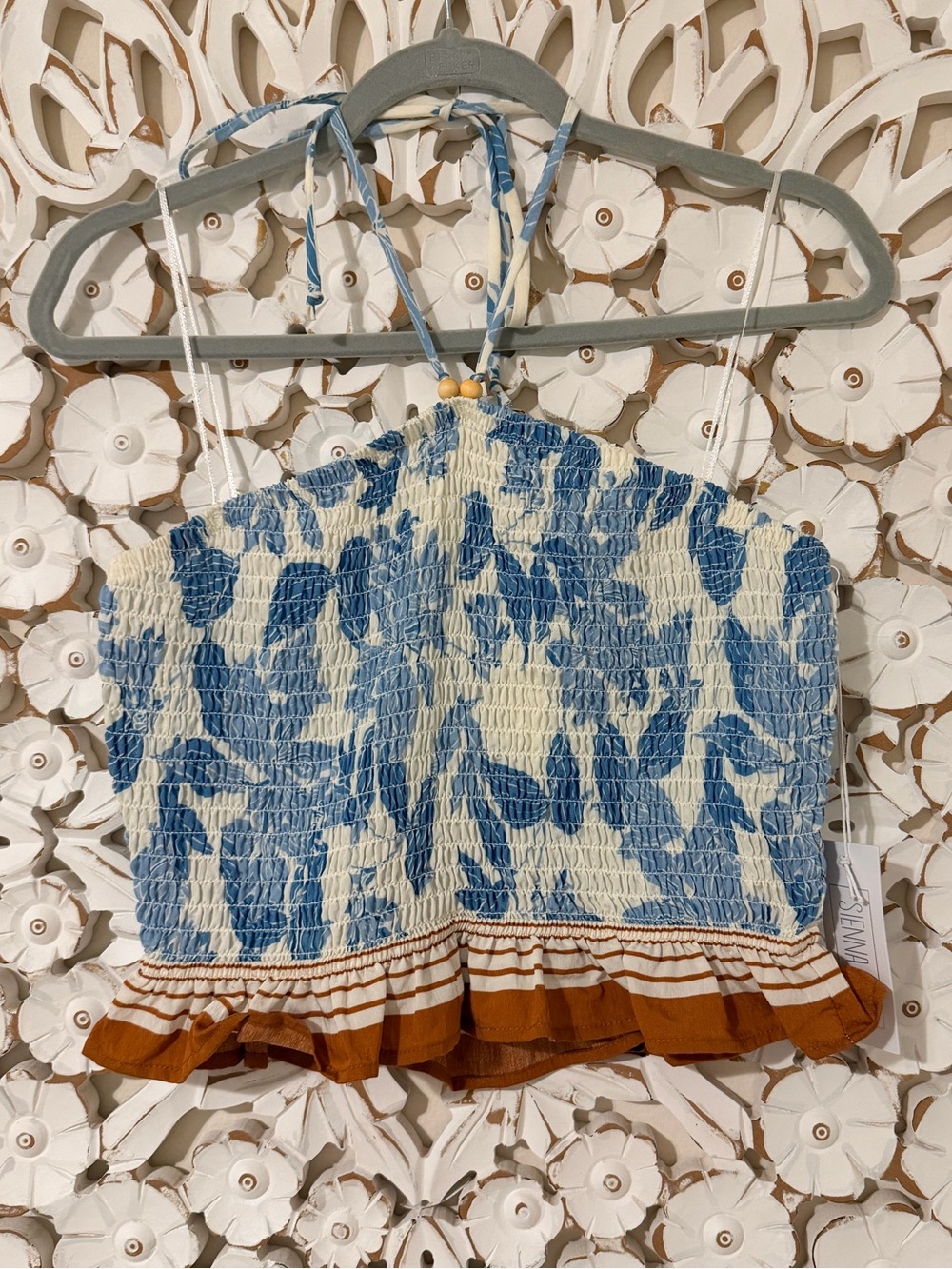 Sienna Sky Blue & Cream Smocked Floral Top with Rust Ruffle Size Lage - NEW NWT